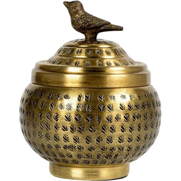 Hammered Metal Storage Container Brass Round Jar with Lid Bird Finial Decor - Picture 6 of 8
